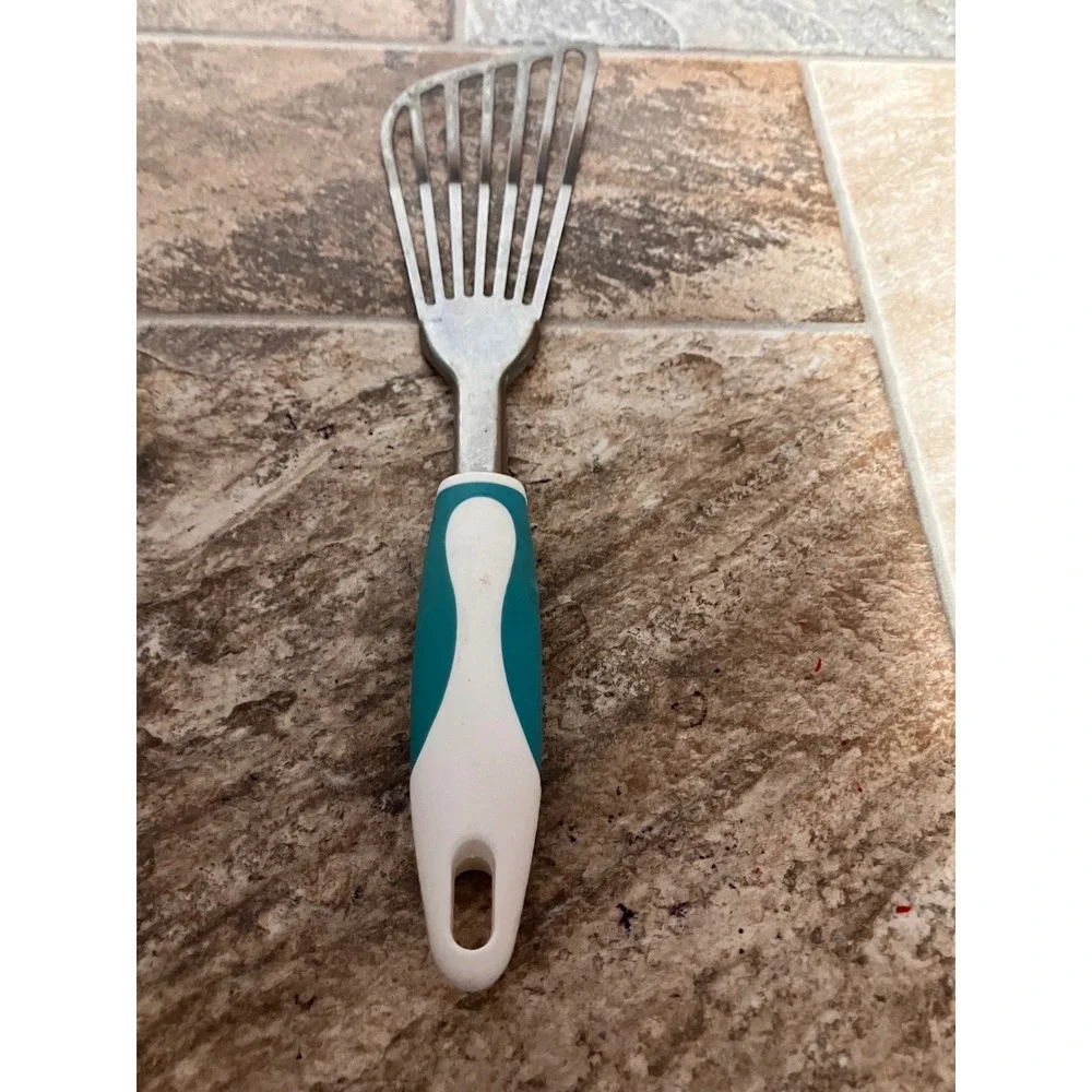 Stainless Steel Fish Spatula Slotted Angled Turner Teal White Handle 11.5 inch